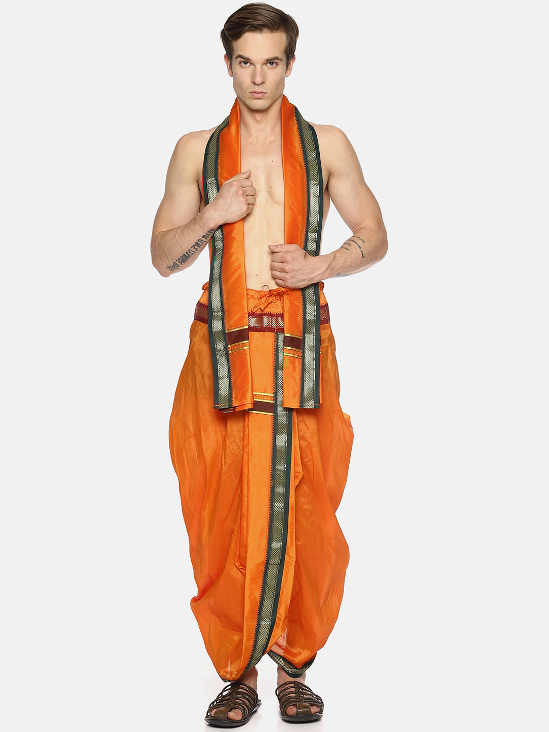 

Sethukrishna Men Orange Solid Readymade Dhoti Pants With Angavastram