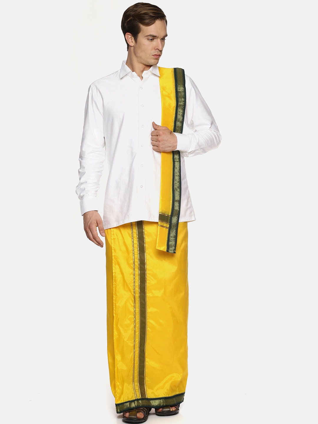 

Sethukrishna Men Mustard Yellow Solid Readymade Dhoti With Angavastram