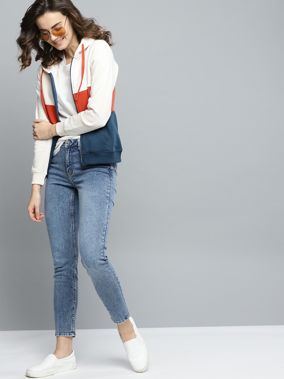 

Mast & Harbour Women Off-White & Rust Orange Colourblocked Hooded Sweatshirt