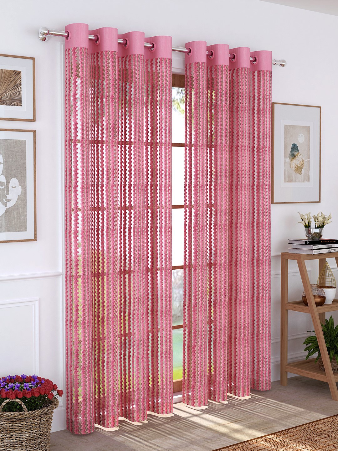 

Story@home Set of 2 Pink 200GSM Sheer Semi Transparent Door Curtains