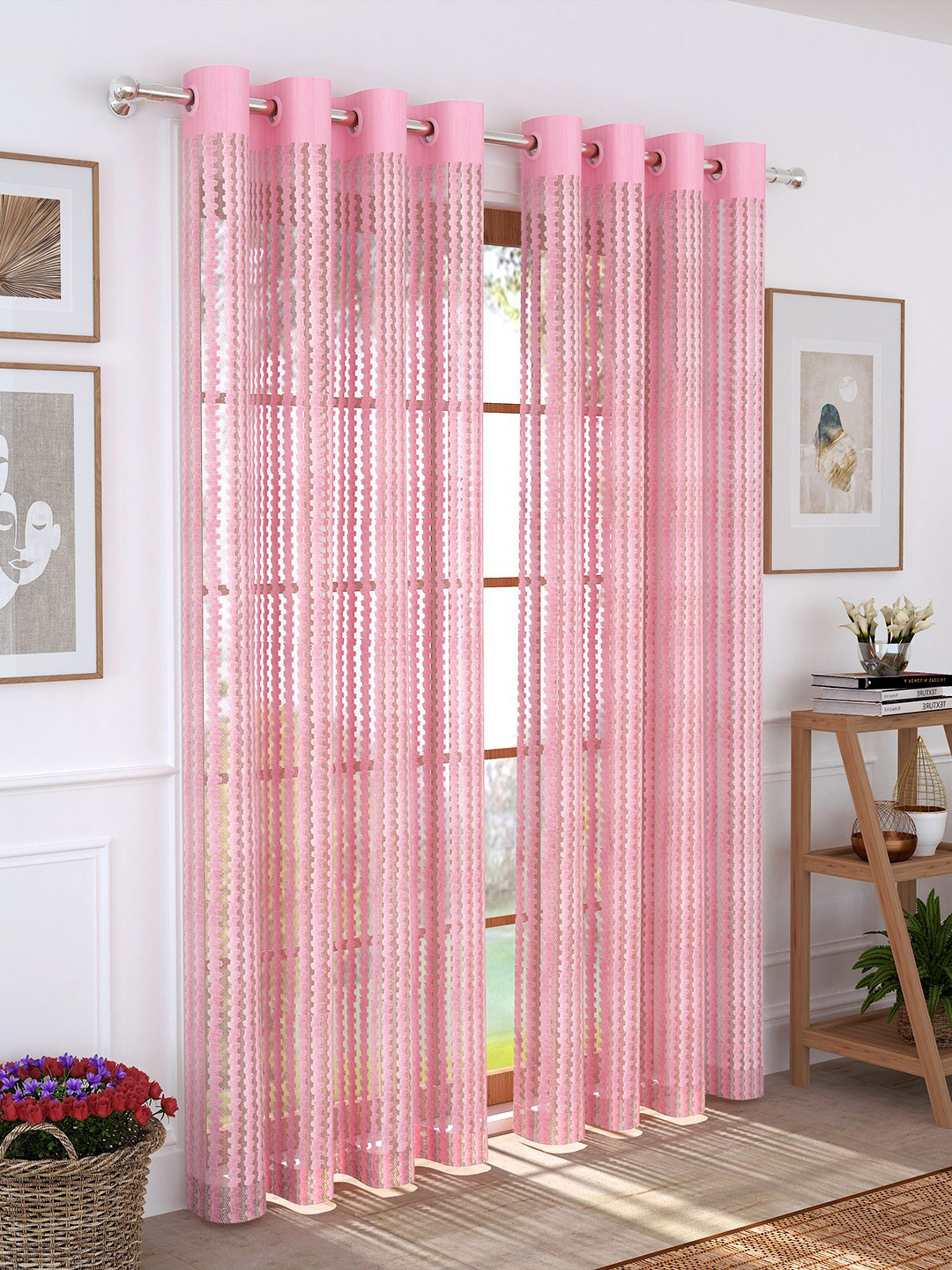 

Story@home Set of 2 Semi Sheer 200GSM Long Door Curtains, Pink