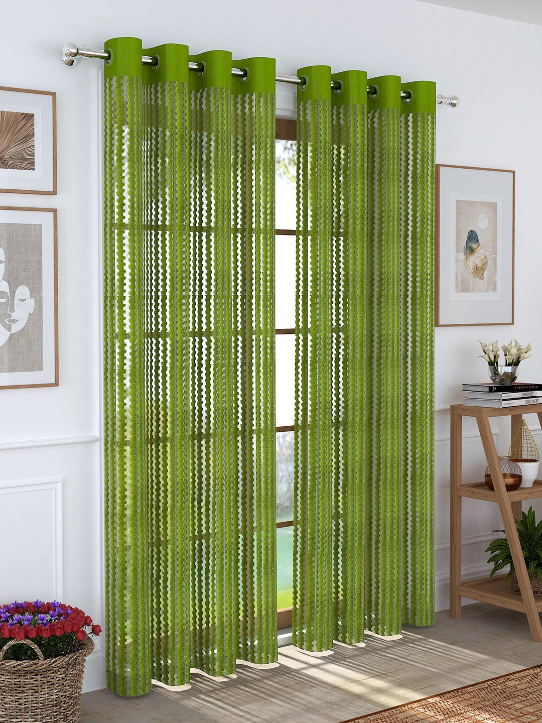 Story@home Green Set of 2 Sheer Long Door Curtains