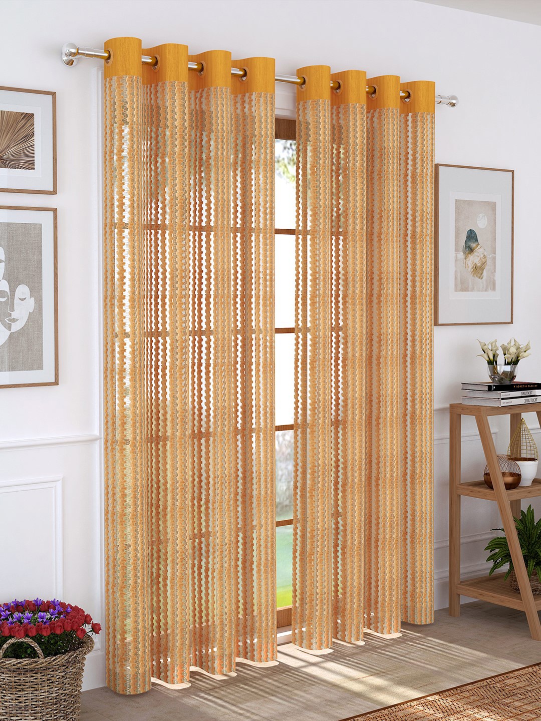

Story@home Gold-Toned Set of 2 Sheer Long Door Sheer Curtains