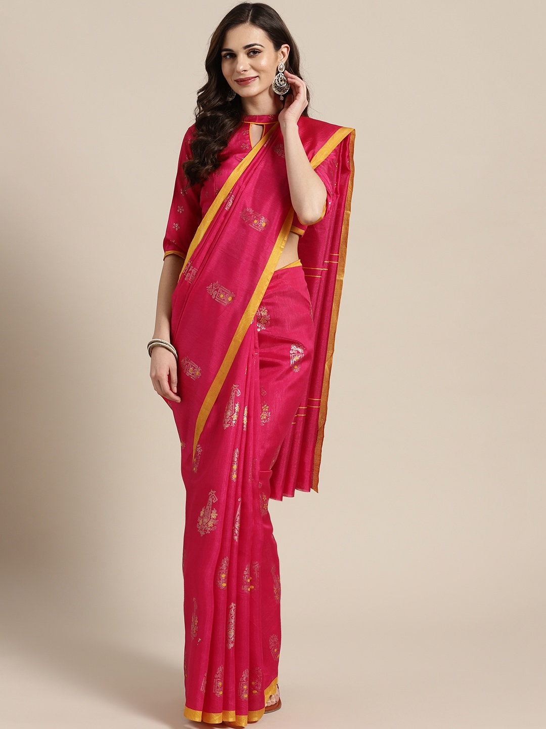 

Saree mall Pink & Golden Printed Banarasi Saree