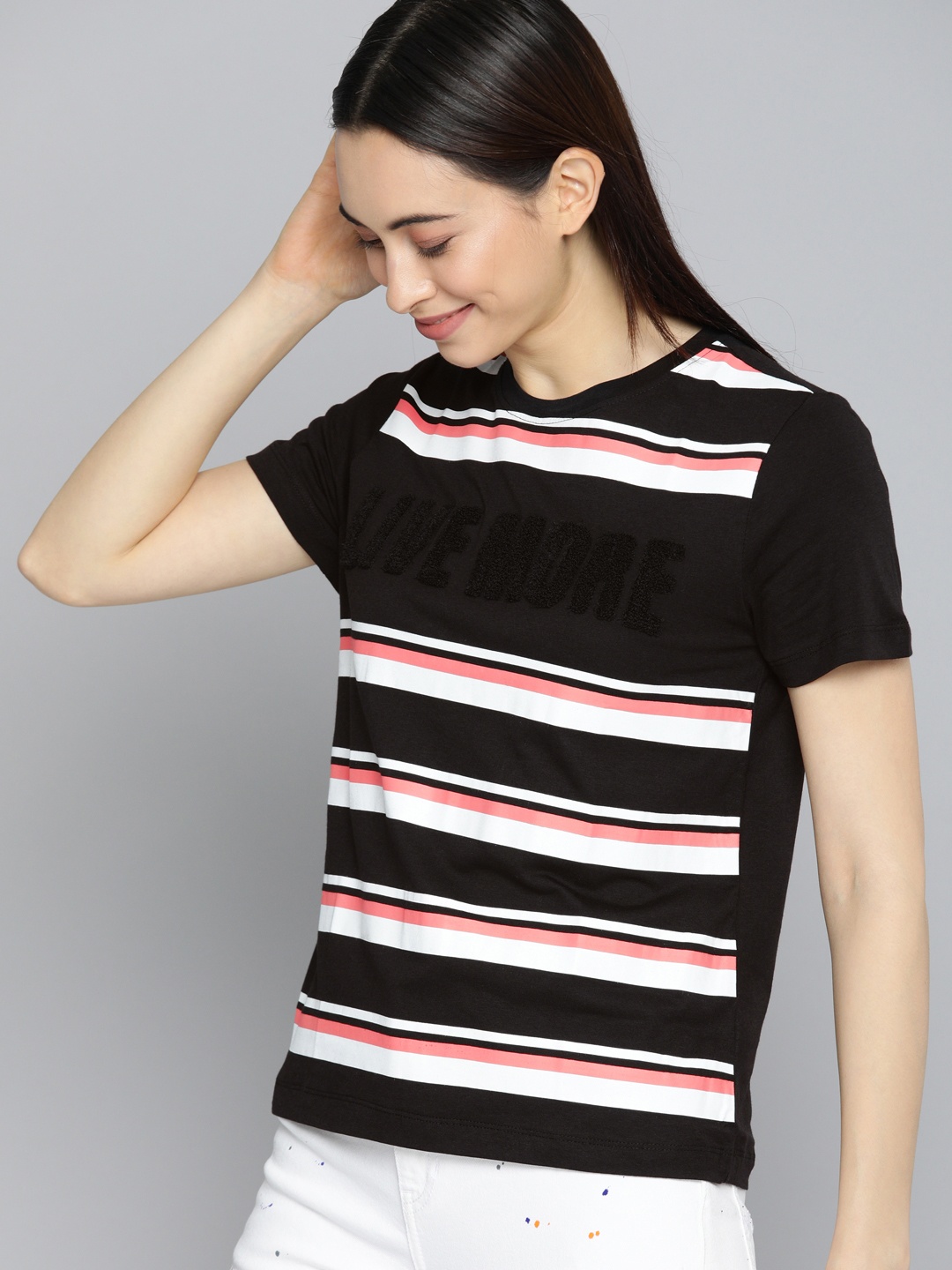 

Mast & Harbour Women Black & White Striped Applique T-shirt