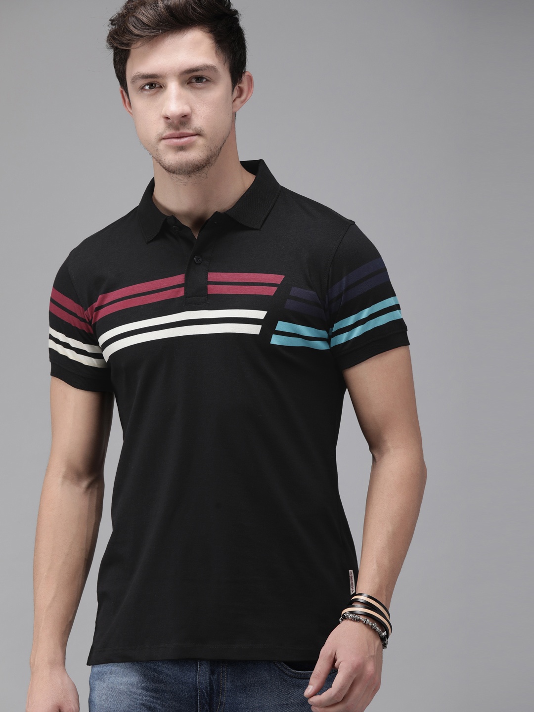 

The Roadster Lifestyle Co Men Black White Striped Polo Collar Pure Cotton T-shirt