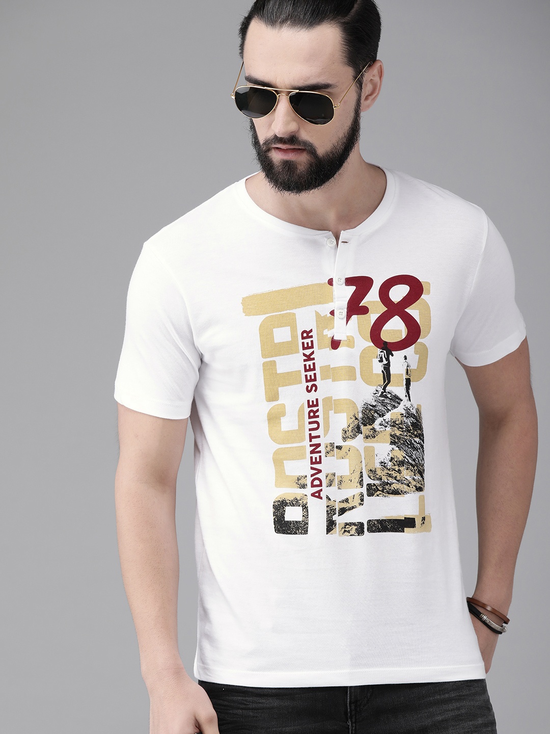 

The Roadster Lifestyle Co Men White Printed Henley Neck T-shirt