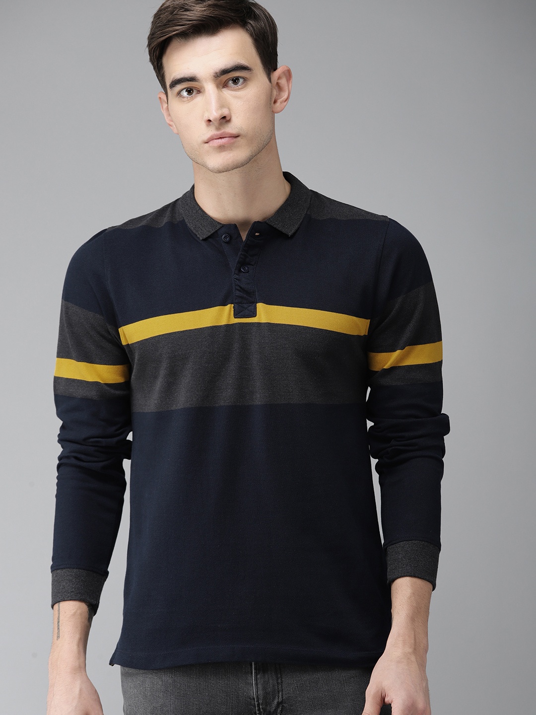 

The Roadster Lifestyle Co Men Navy Blue Charcoal Grey Colourblocked Polo Collar Pure Cotton T-shirt