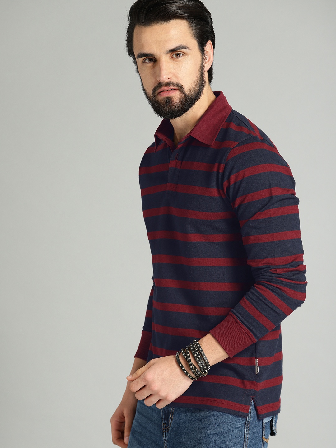 

The Roadster Lifestyle Co Men Maroon Navy Blue Striped Polo Collar Pure Cotton T-shirt