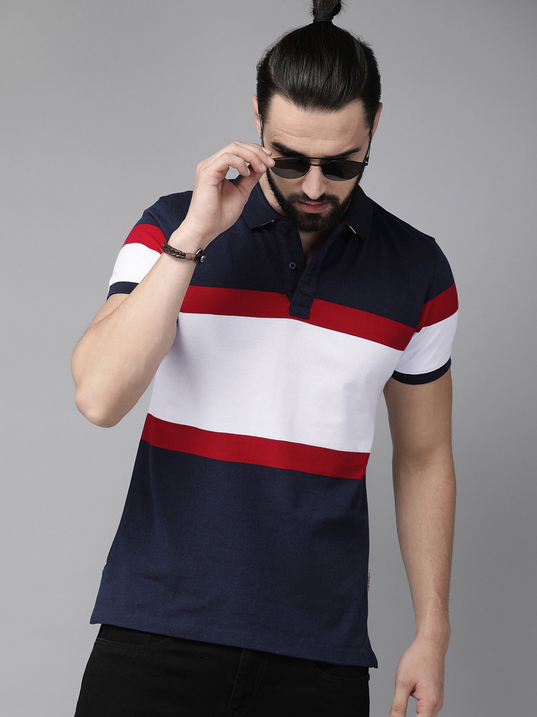 

The Roadster Lifestyle Co Men White Navy Blue Colourblocked Polo Collar Pure Cotton T-shirt