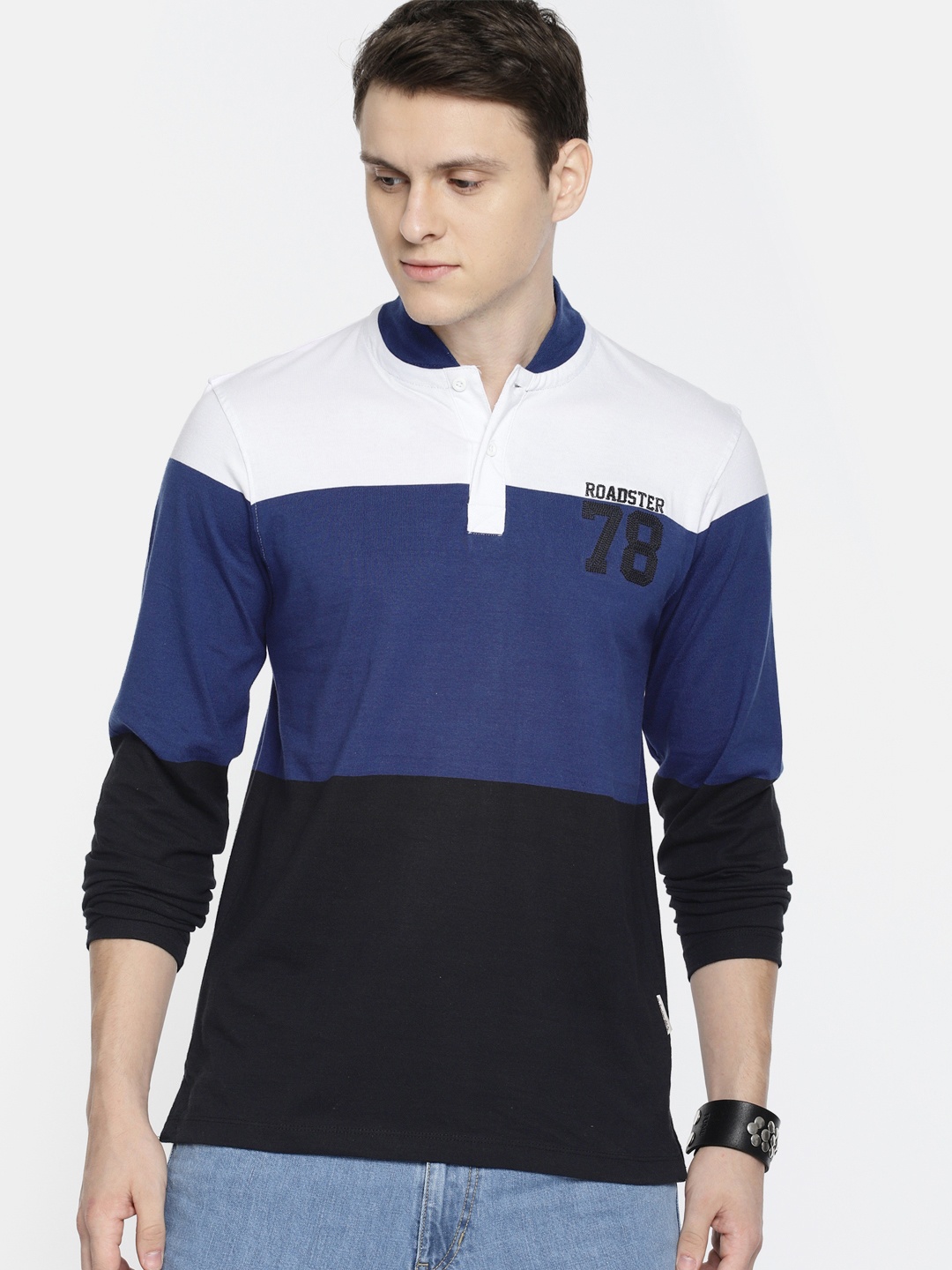 

The Roadster Lifestyle Co Men Blue Black Colourblocked Polo Collar Pure Cotton T-shirt