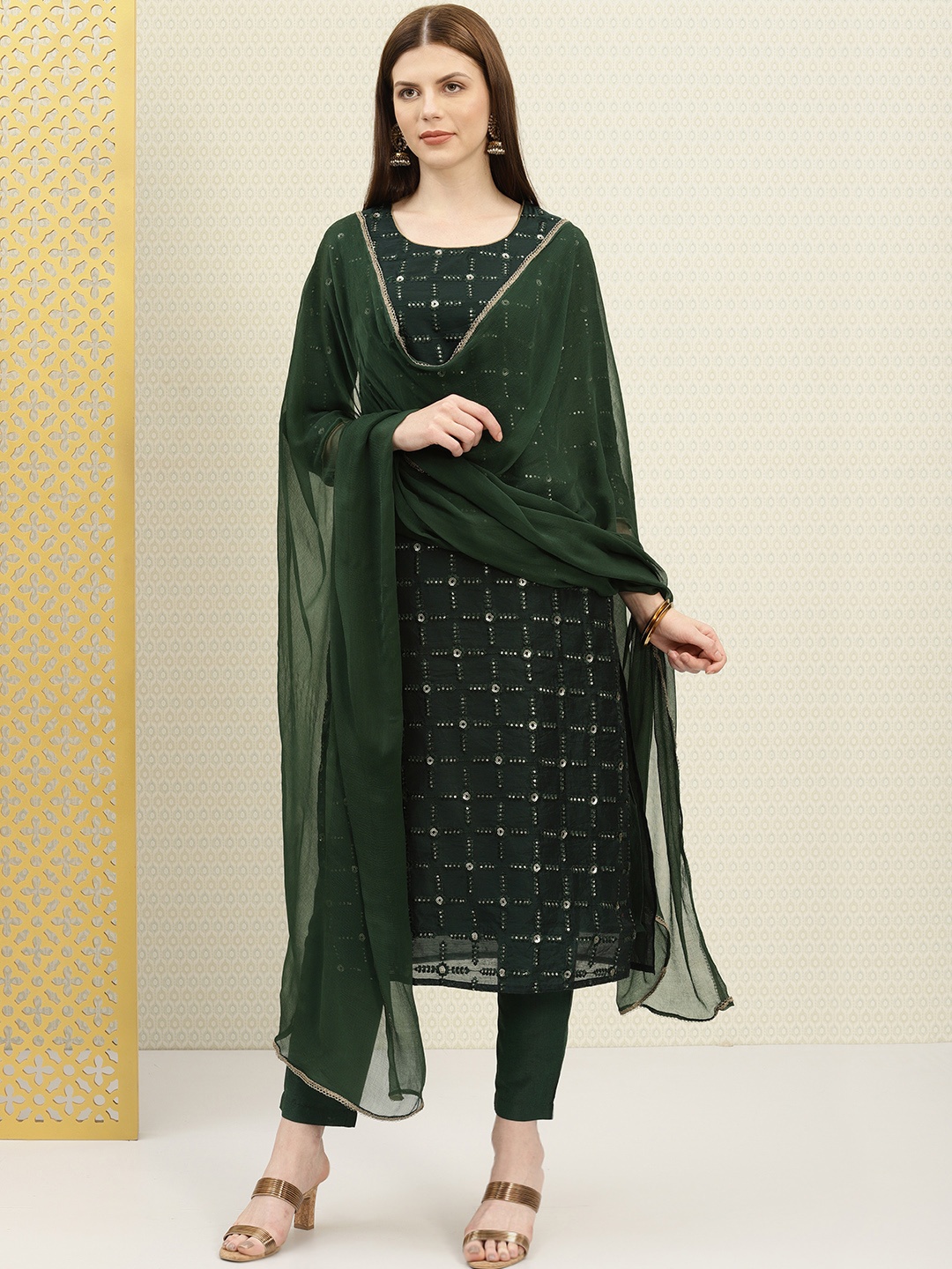 

House of Pataudi Green Embroidered Kurta with Trousers & Dupatta