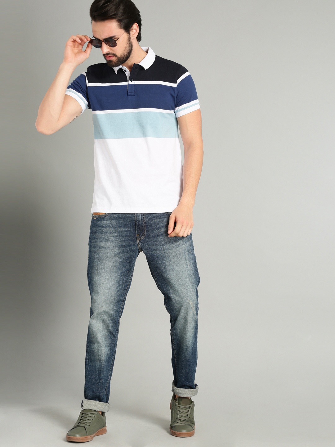 

The Roadster Lifestyle Co Men White Blue Colourblocked Polo Collar Pure Cotton T-shirt