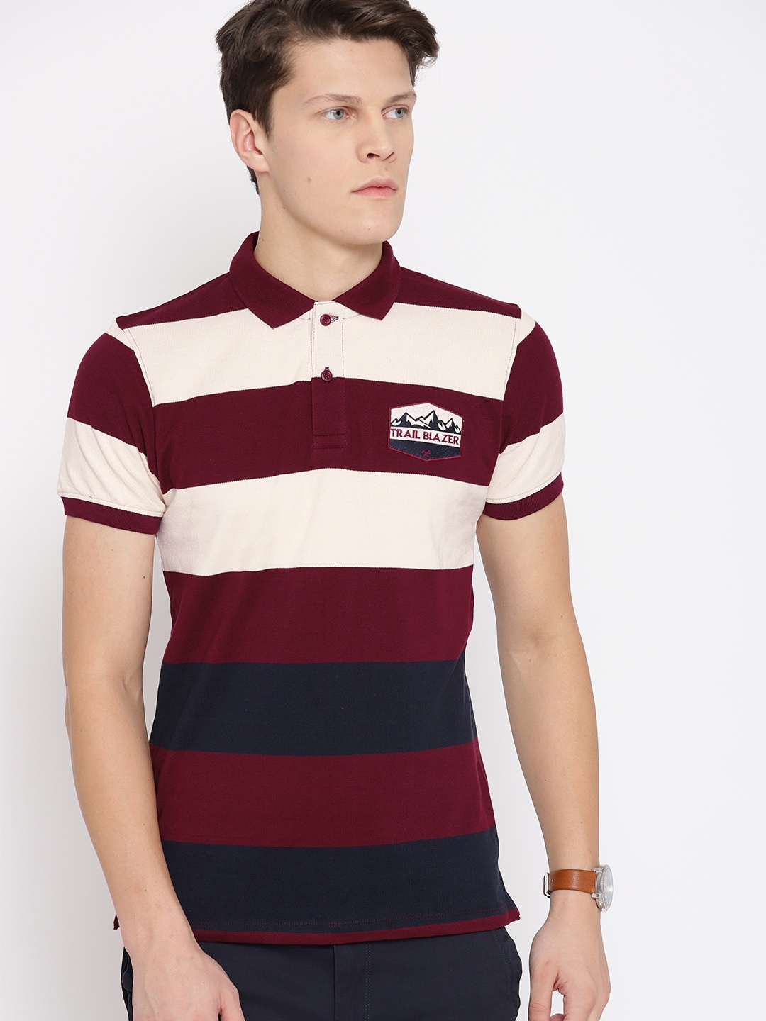

The Roadster Lifestyle Co Men Maroon & Cream-Coloured Striped Polo Collar T-shirt
