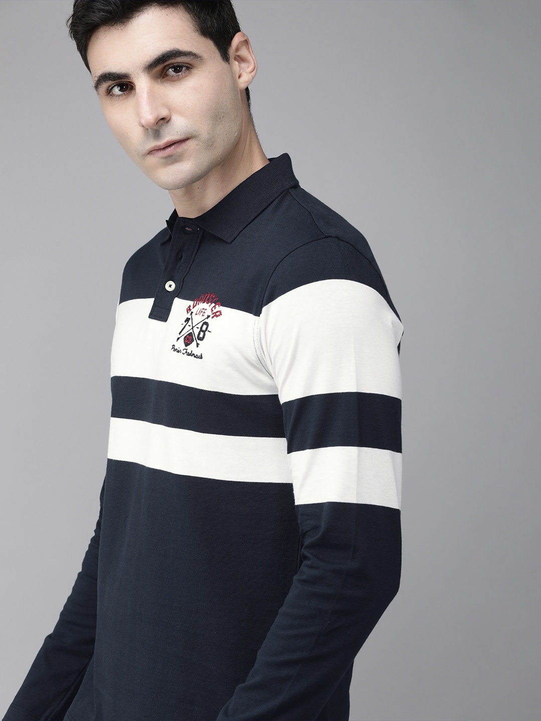 

The Roadster Lifestyle Co Men Navy Blue White Striped Polo Collar Pure Cotton T-shirt