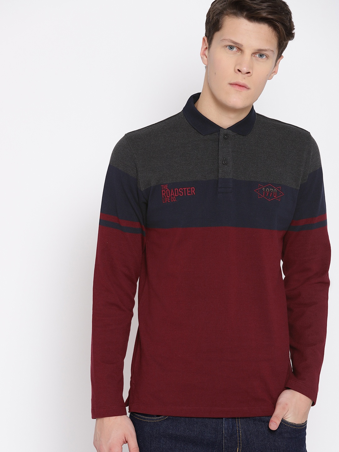 

The Roadster Lifestyle Co Men Maroon & Charcoal Grey Colourblocked Polo Collar T-shirt