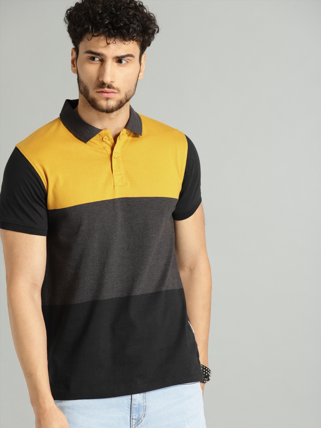 

The Roadster Lifestyle Co Men Mustard Yellow Charcoal Grey Colourblocked Polo Pure Cotton T-shirt