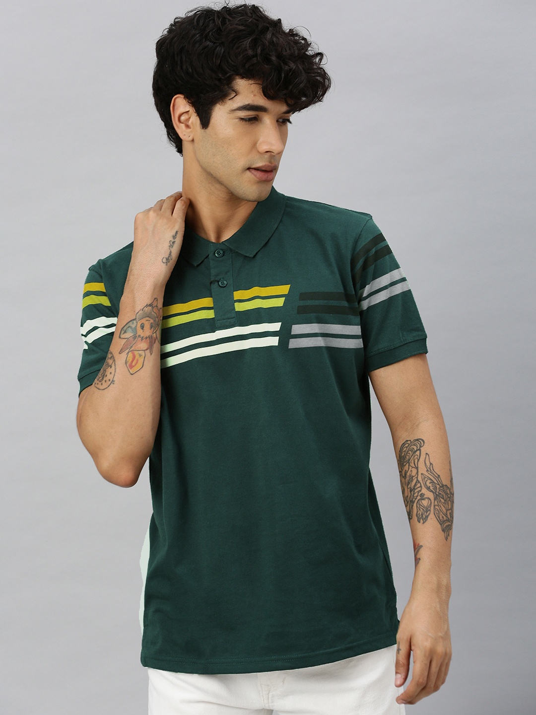 

The Roadster Lifestyle Co Men Green White Striped Polo Collar Pure Cotton T-shirt