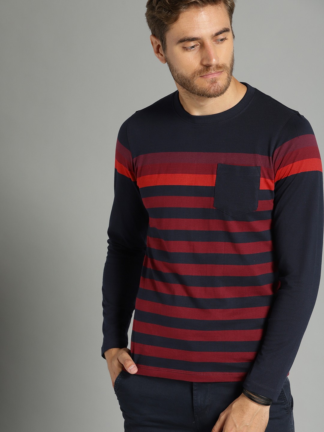 

Roadster Men Navy Blue & Maroon Striped Round Neck T-shirt