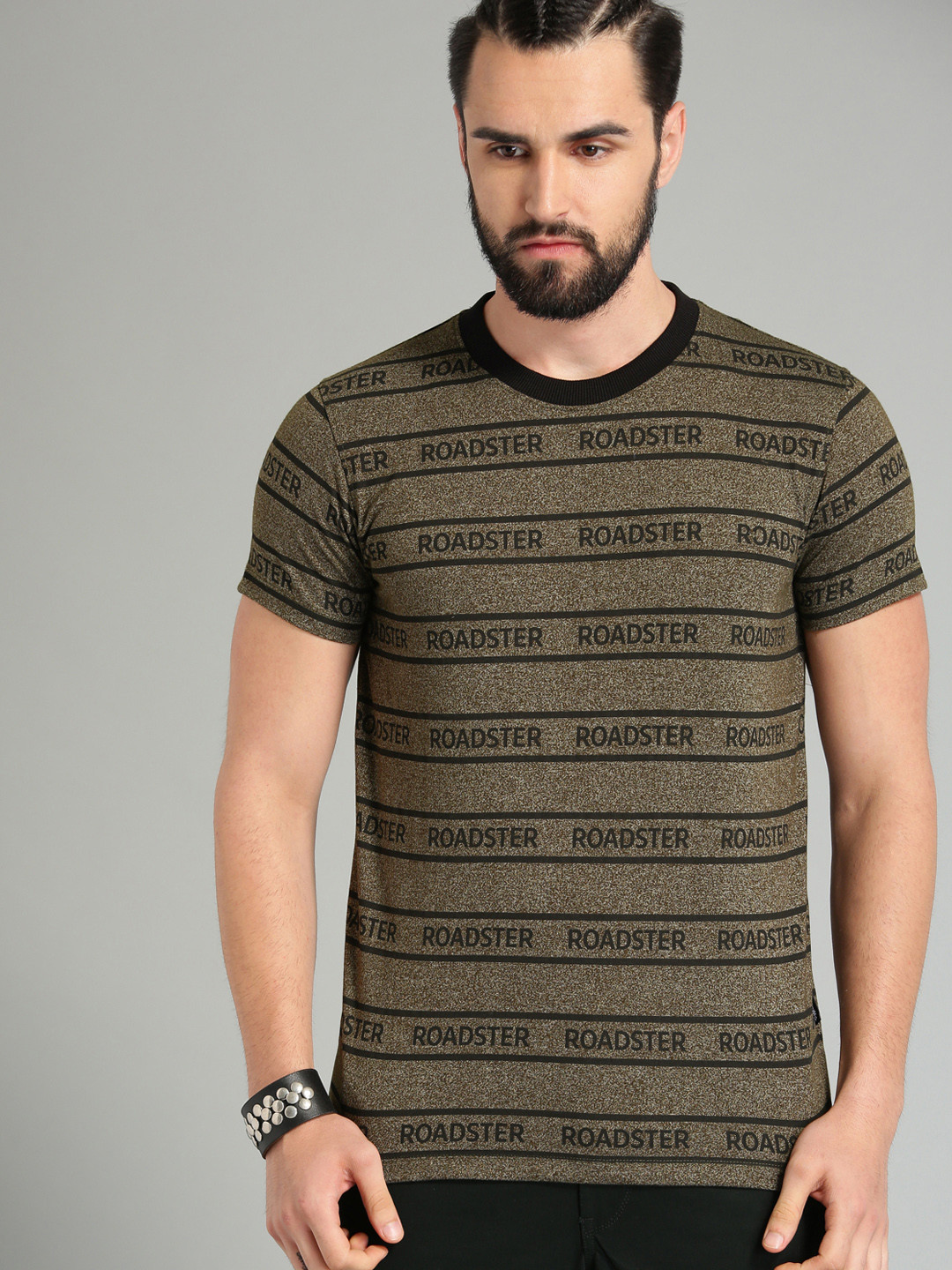 

The Roadster Lifestyle Co Men Olive Green Black Striped Round Neck Pure Cotton T-shirt