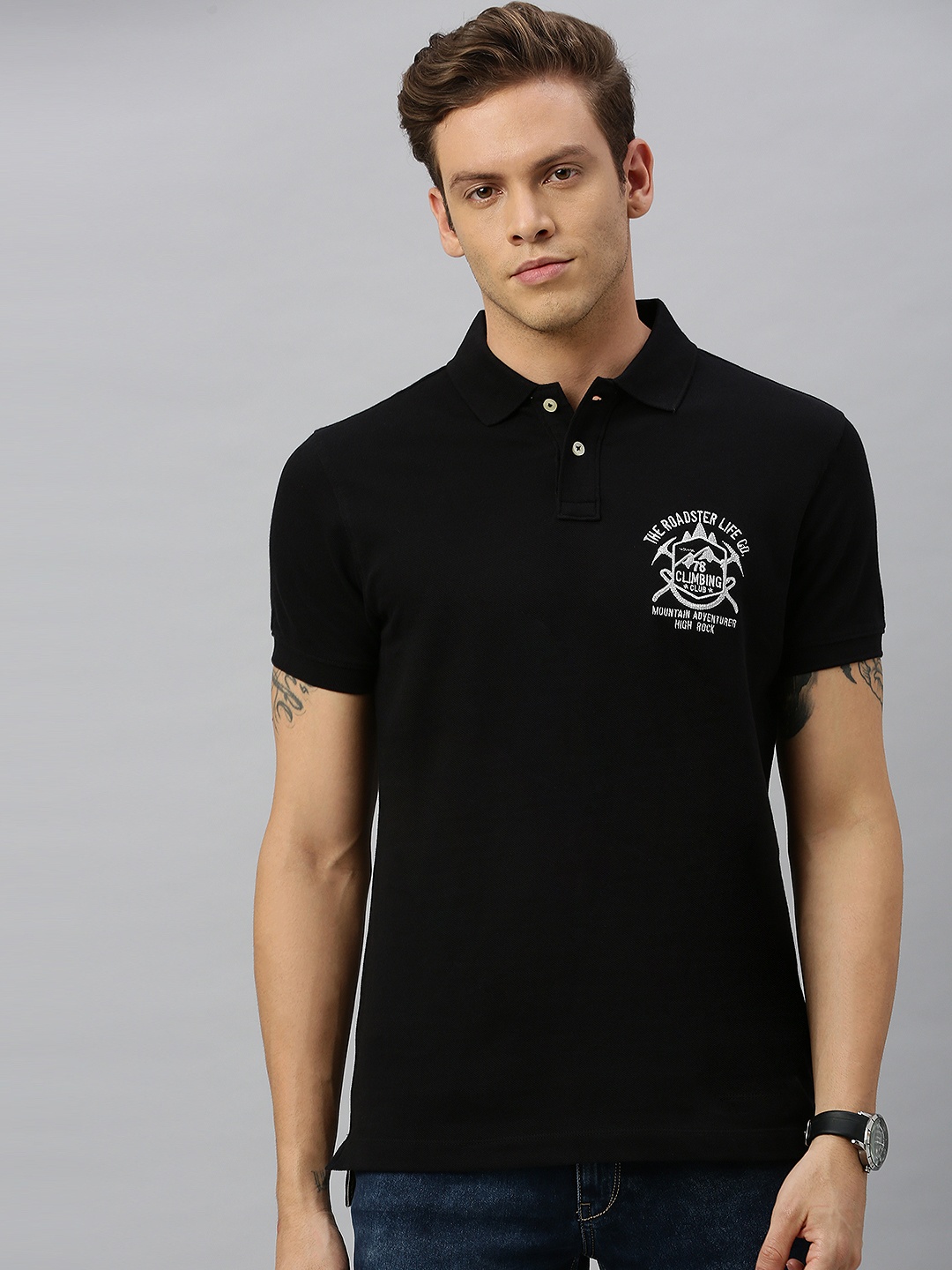 

Roadster Men Black Solid Polo Collar Pure Cotton T-shirt