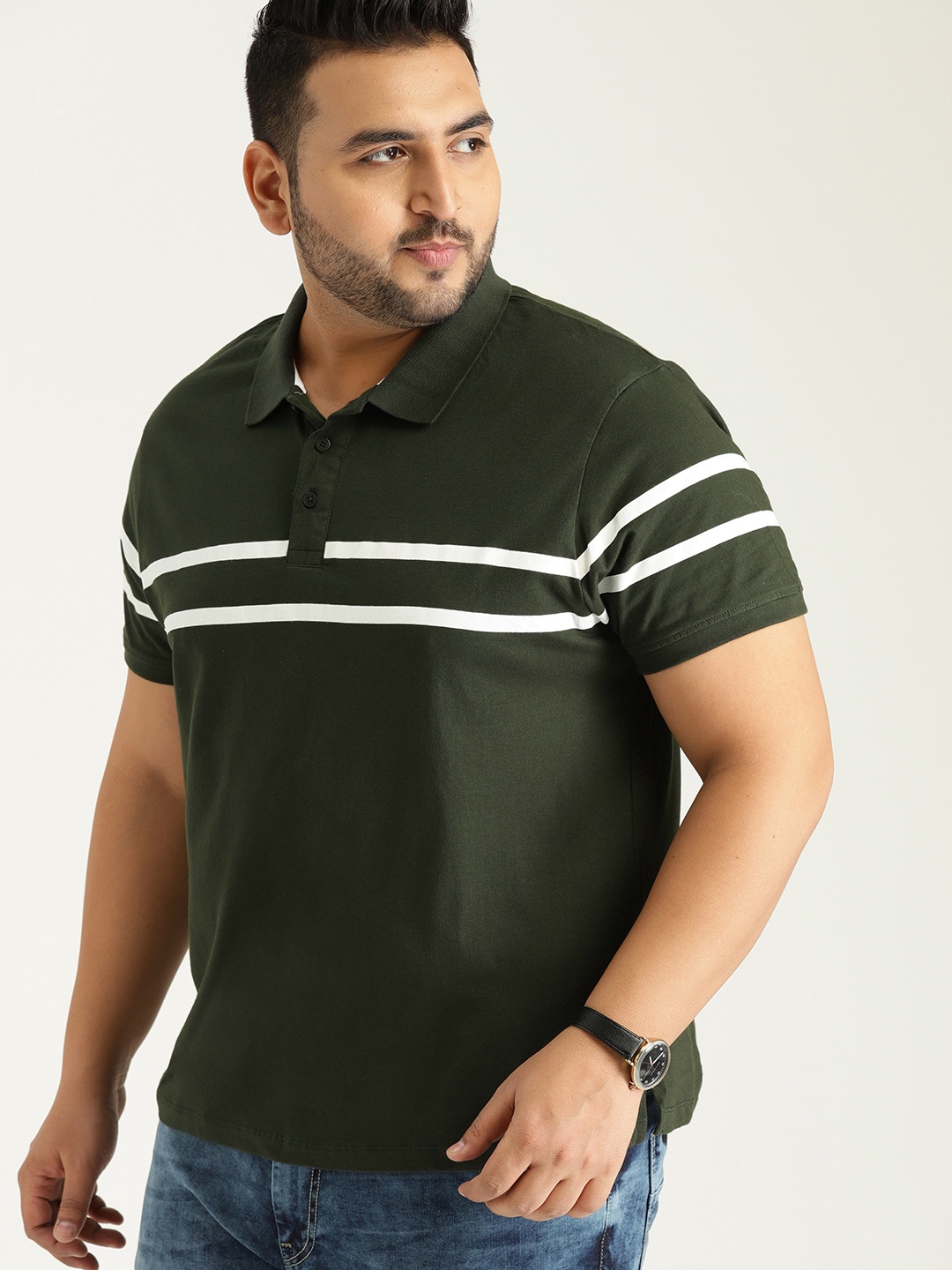 

Sztori Plus Size Men Olive Green White Solid Polo Collar T-shirt