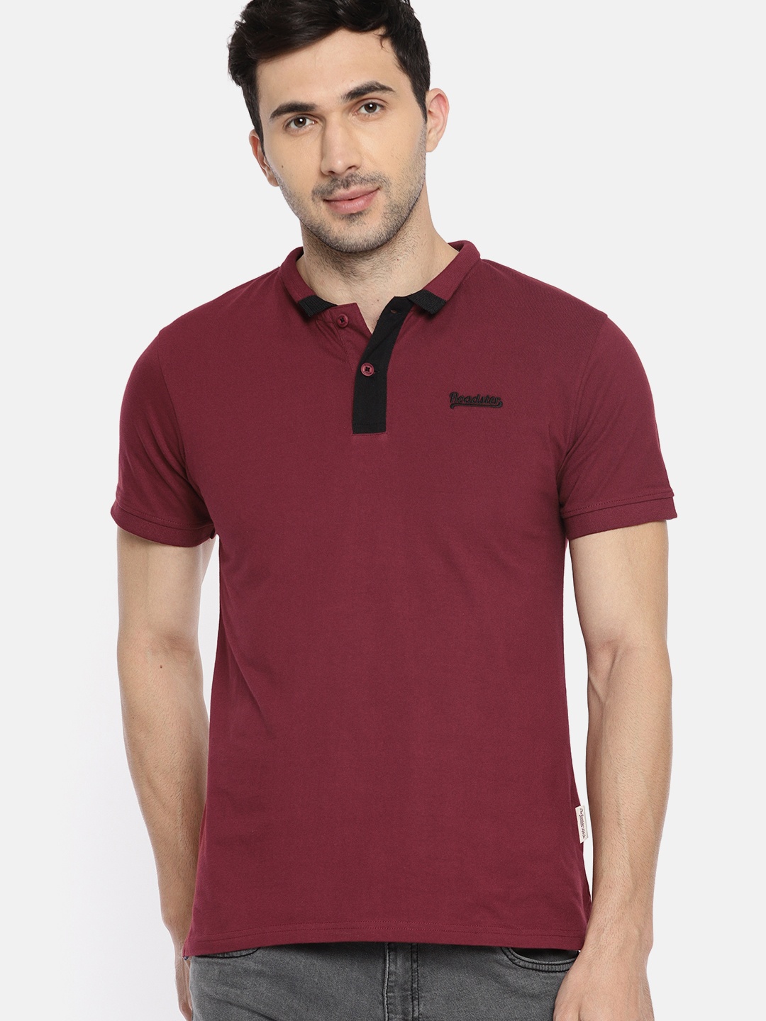 

The Roadster Lifestyle Co Men Maroon Solid Polo Collar Pure Cotton T-shirt
