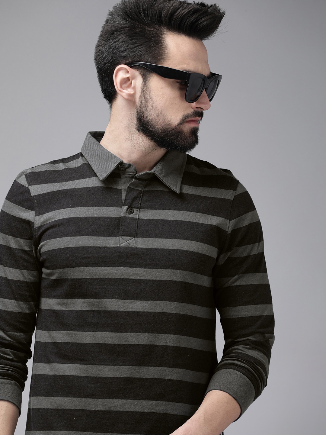 

The Roadster Life Co. Men Black & Grey Striped Polo Collar Pure Cotton T-shirt