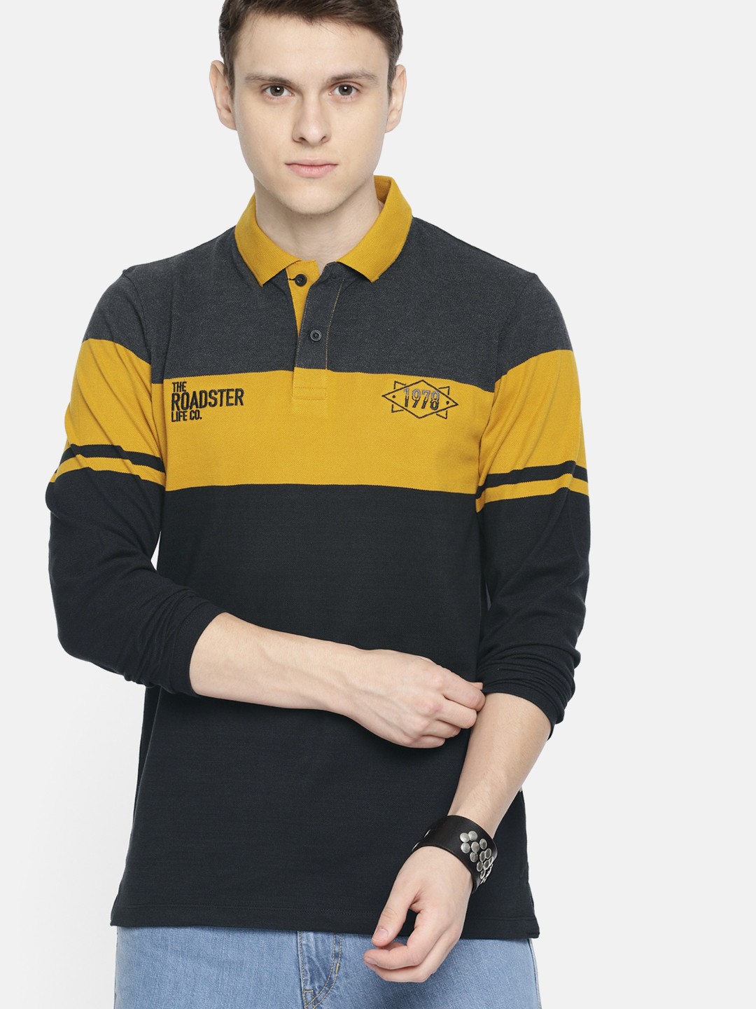 

Roadster Men Black & Mustard Yellow Colourblocked Polo Collar T-shirt