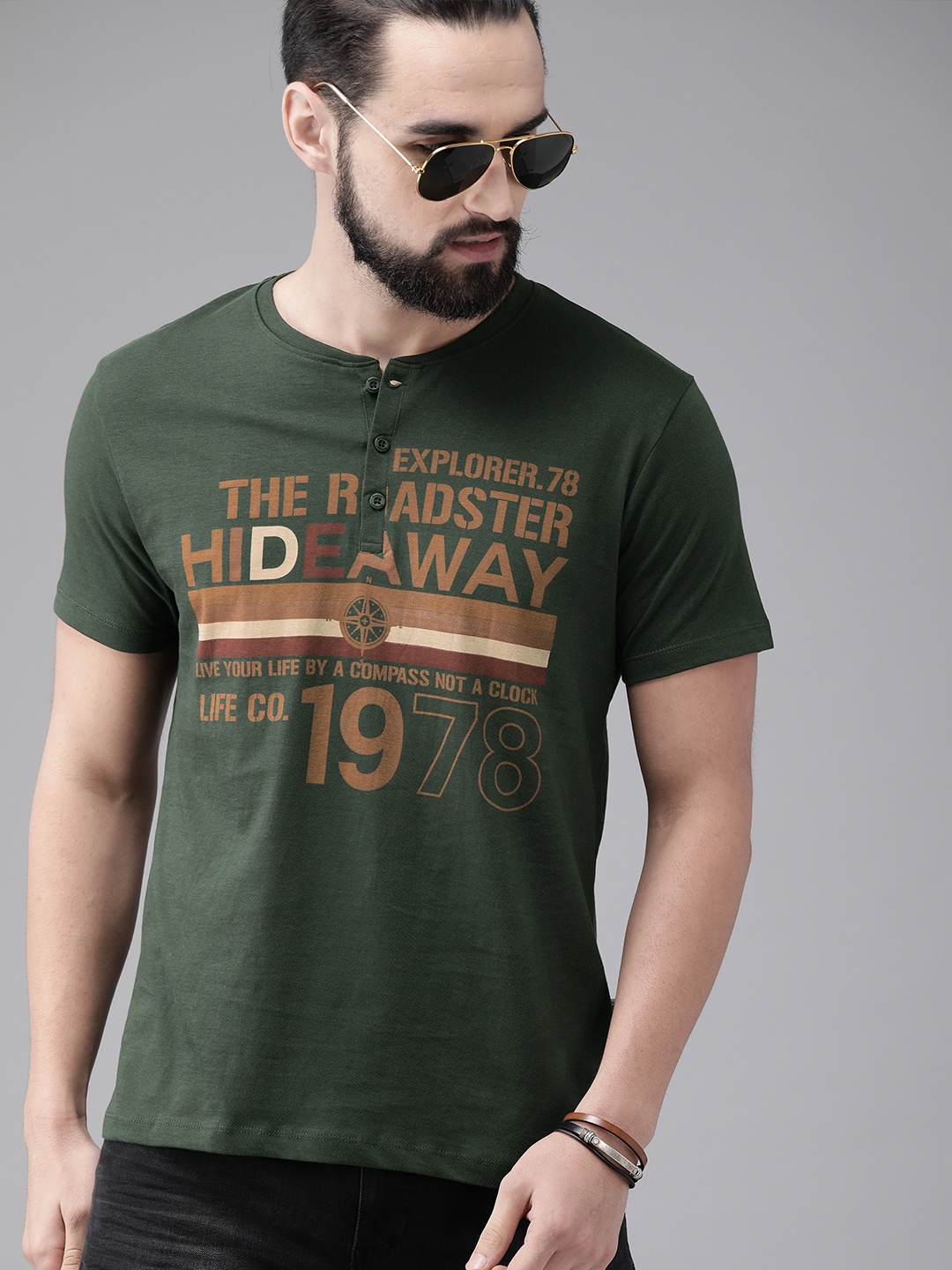 

The Roadster Lifestyle Co Men Green Printed Henley Neck Pure Cotton T-shirt