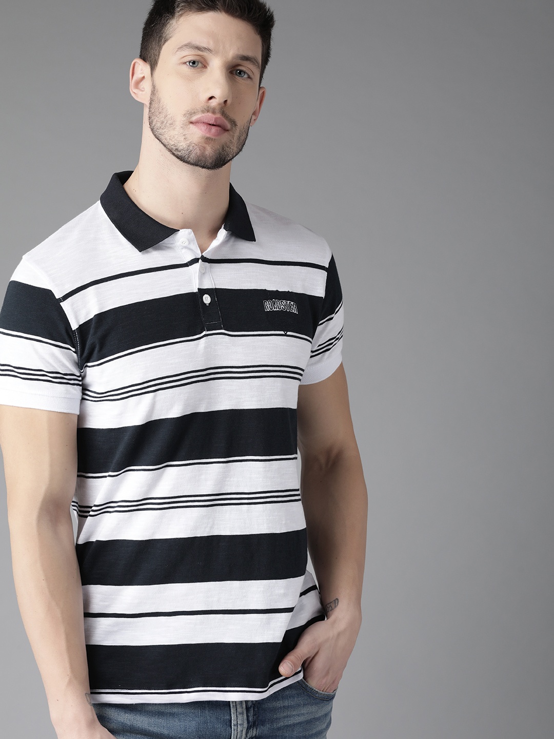 

The Roadster Lifestyle Co Men White & Navy Blue Striped Polo Collar T-shirt