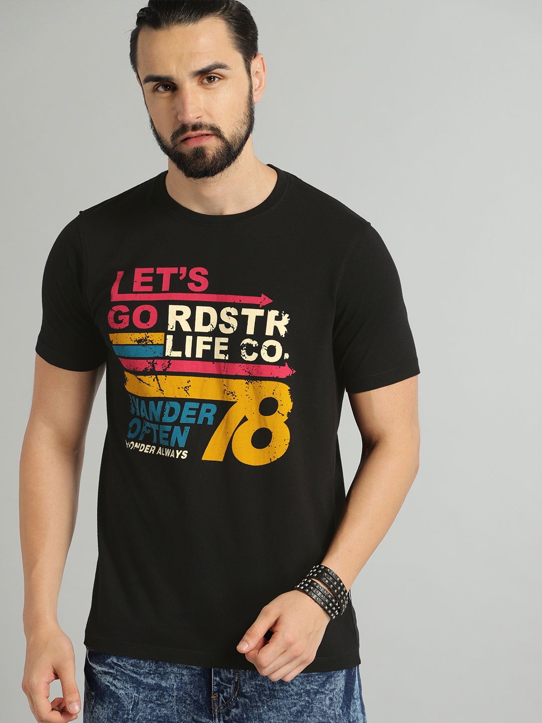 

The Roadster Lifestyle Co Men Black Printed Round Neck Pure Cotton T-shirt