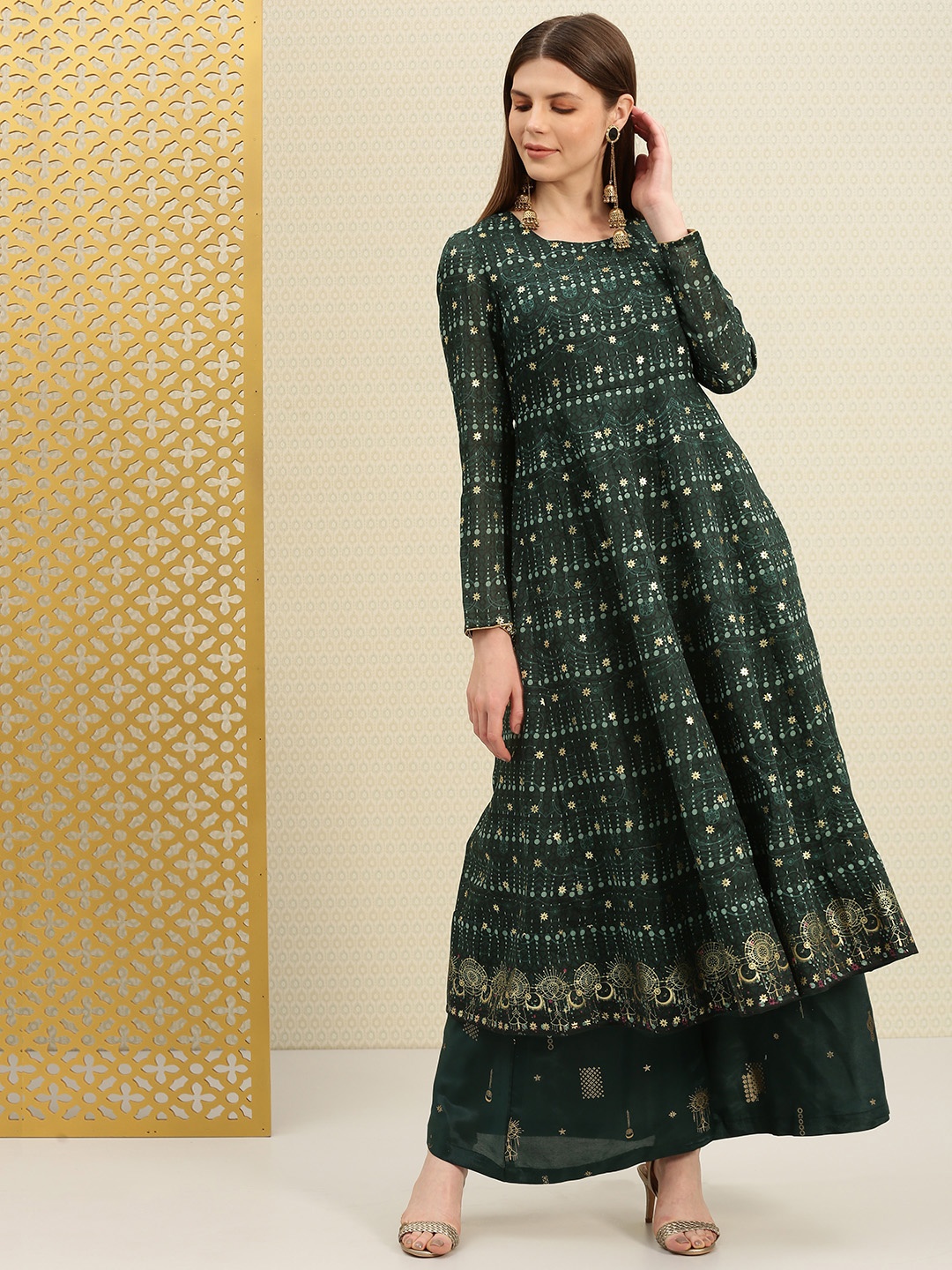 

House of Pataudi Women Dark Green & Gold-Toned Foil Printed A-Line Kurta