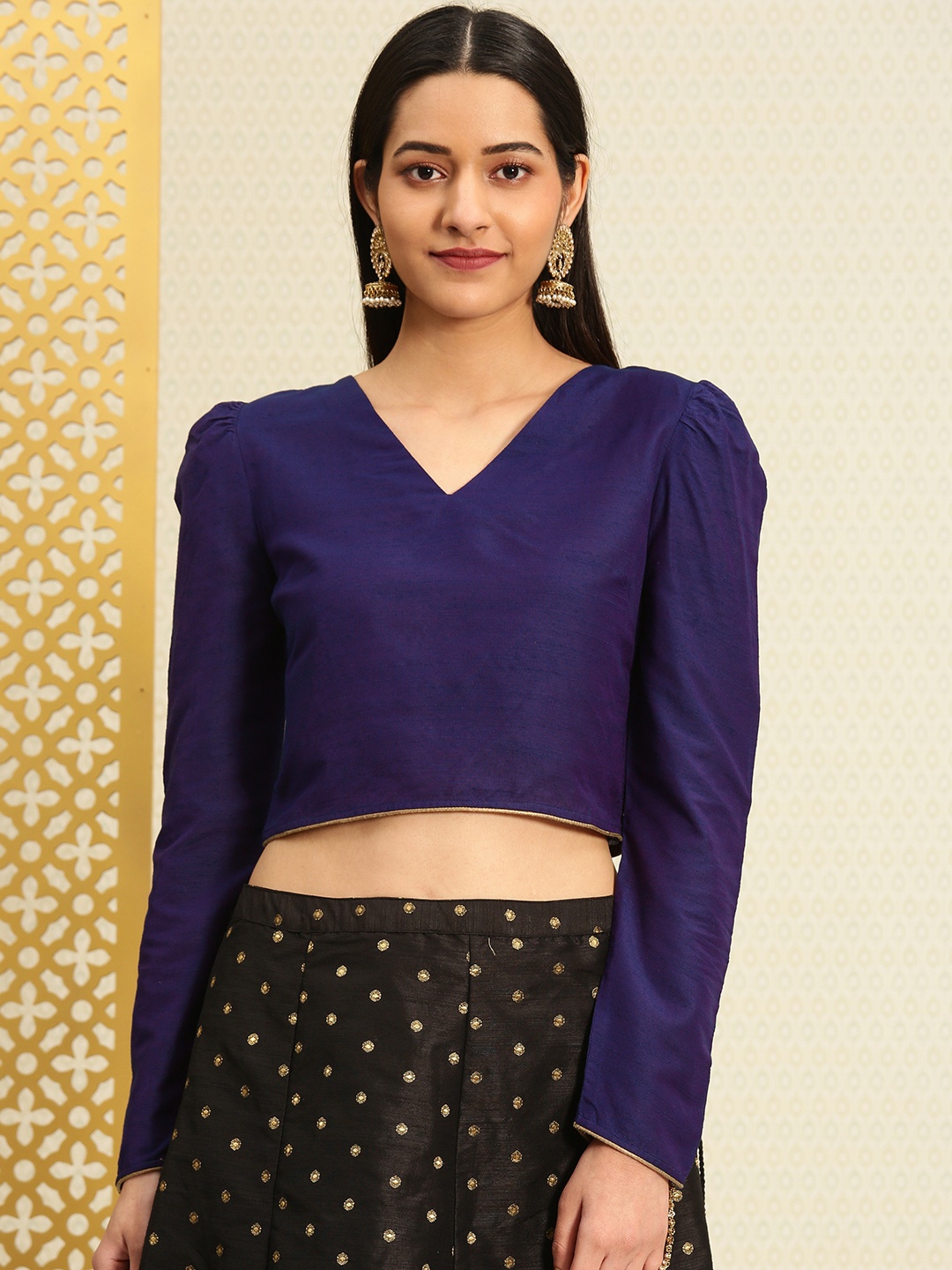 

House of Pataudi Women Navy Blue Solid Ethnic Crop Top