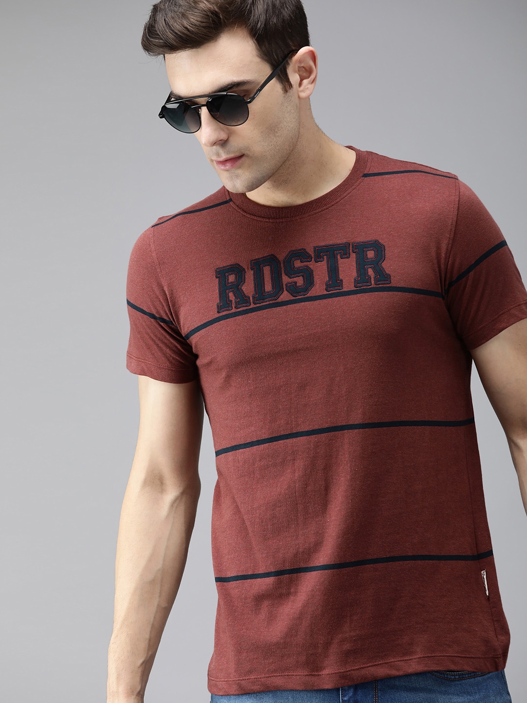 

Roadster Men Rust Brown Navy Blue Striped Round Neck Pure Cotton T-shirt