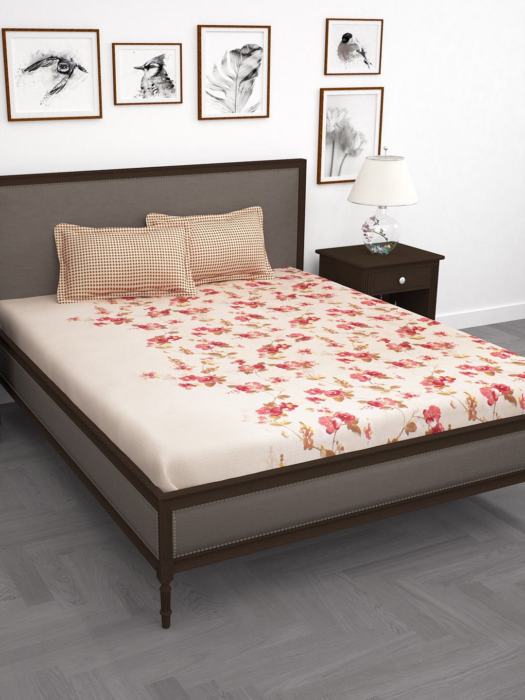 

Story@home Beige & Pink Floral 186 TC Cotton 1 Double Bedsheet with 2 Pillow Covers