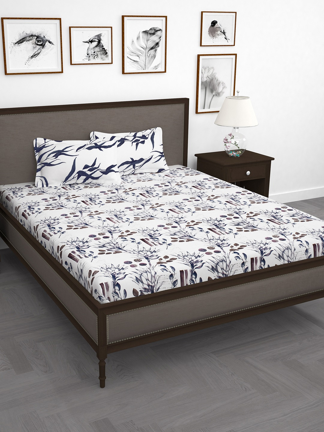 

Story@home Grey Floral 186 TC Cotton 1 Double Bedsheet with 2 Pillow Covers