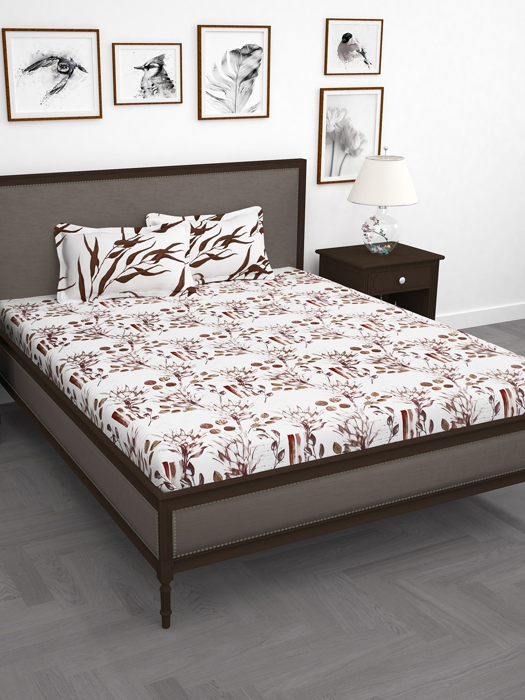 

Story@home White & Orange Floral 186 TC Cotton 1 Double Bedsheet with 2 Pillow Covers