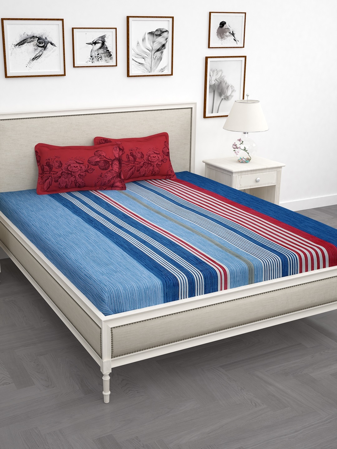 

Story@home Blue & Red Striped 186 TC Cotton 1 Double Bedsheet with 2 Pillow Covers