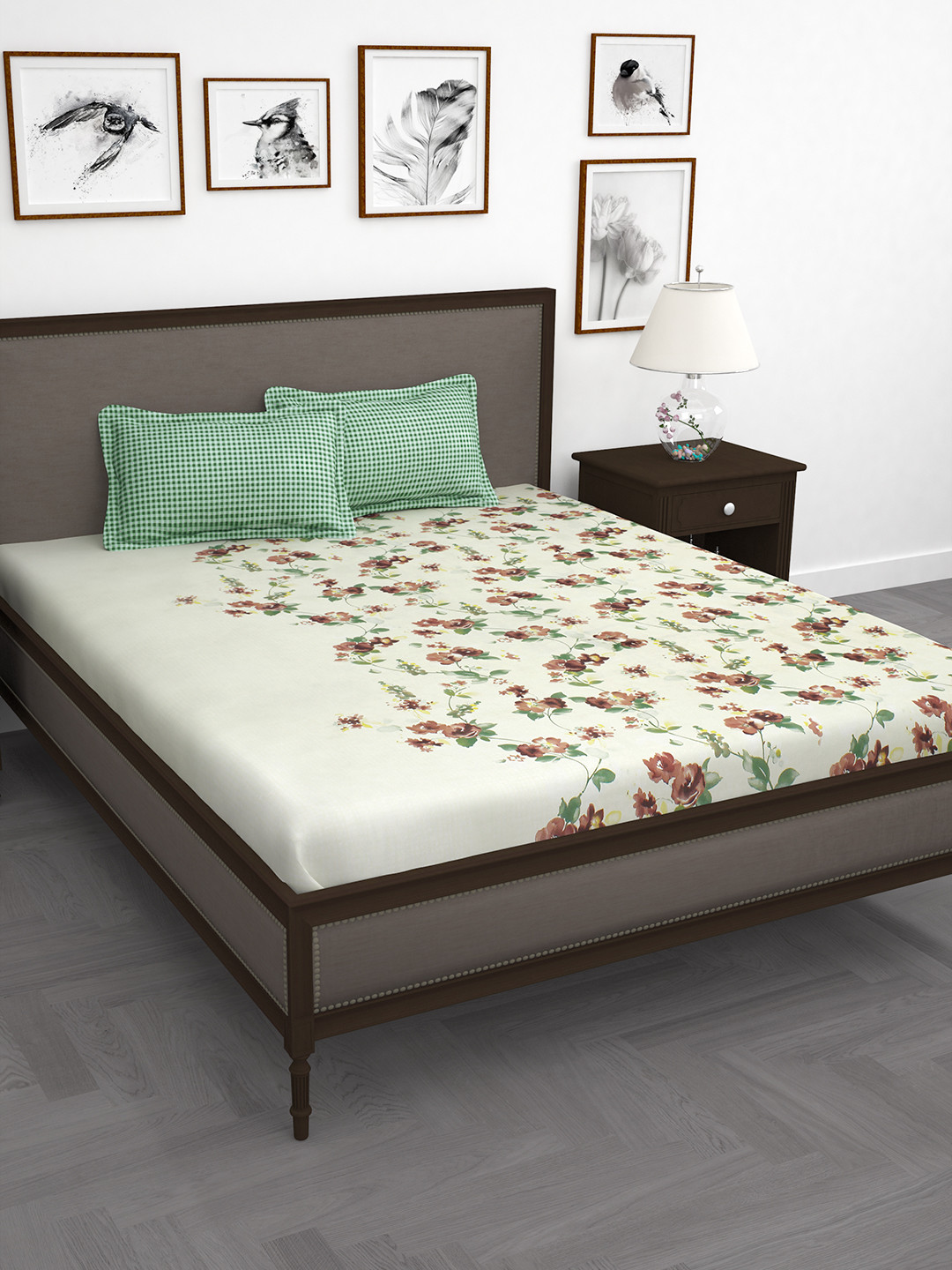 

Story@home Cream-Coloured Floral 186 TC Cotton 1 Double Bedsheet with 2 Pillow Covers