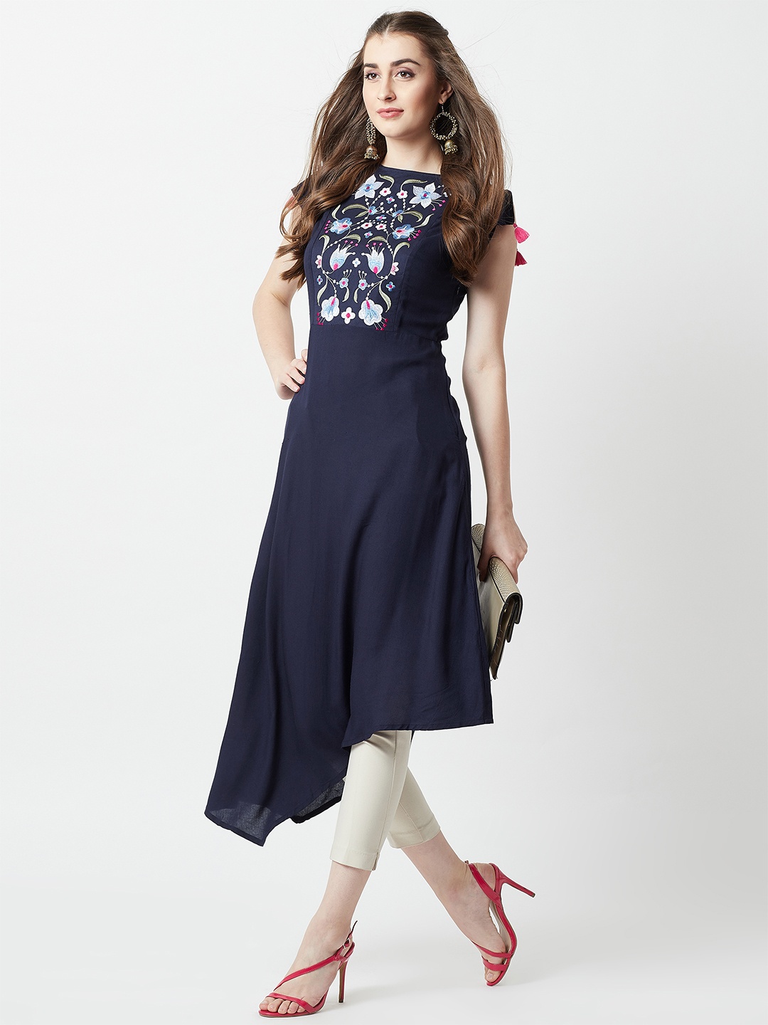 

Miss Chase Women Navy Embroidered Blue Fit and Flare Dress, Navy blue