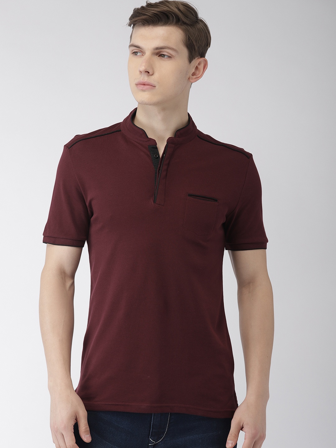 

Celio Men Burgundy Solid Slim Fit Stylish Mandarin Collar T-shirt