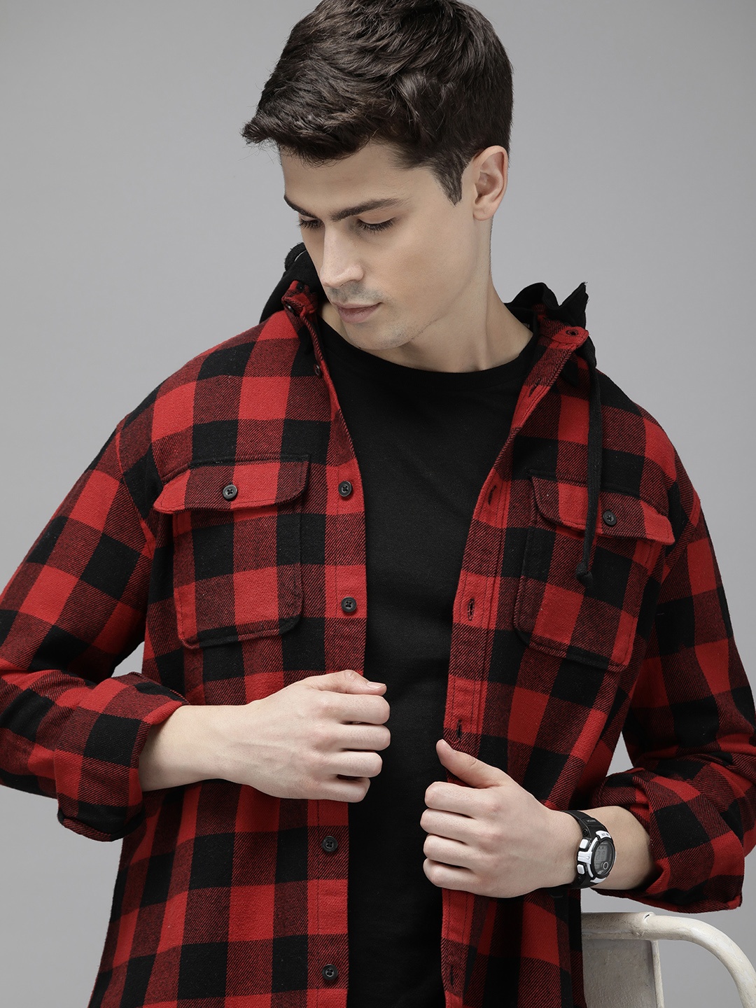 

Celio Pure Cotton Buffalo Checked Casual Shirt With Detachable Hood, Red