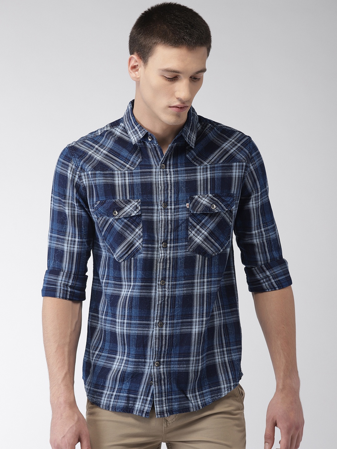 

Celio Men Navy Blue White Regular Fit Checked Casual Shirt