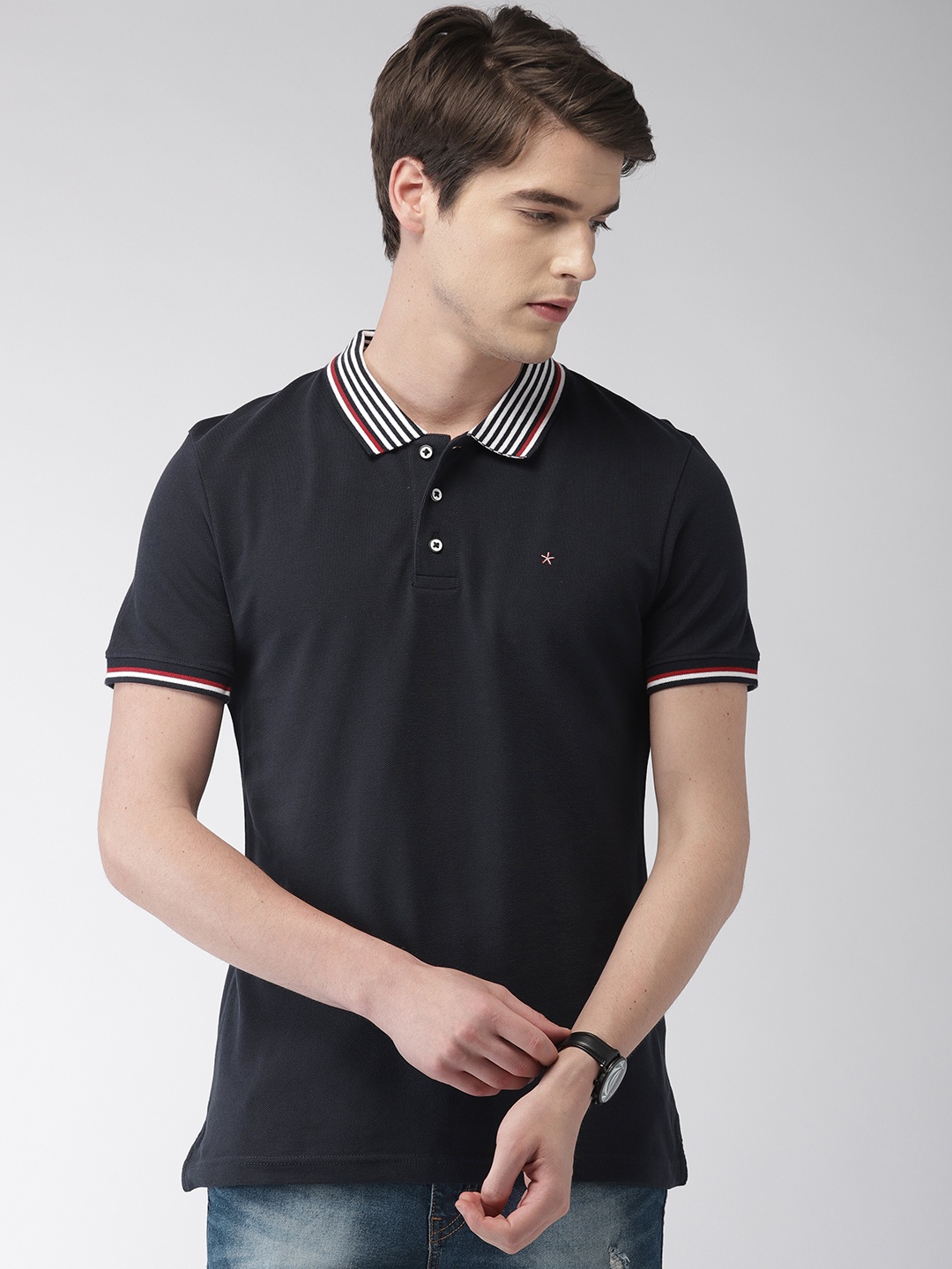 

Celio Men Navy Blue Solid Slim Fit Polo Collar Pure Cotton T-shirt