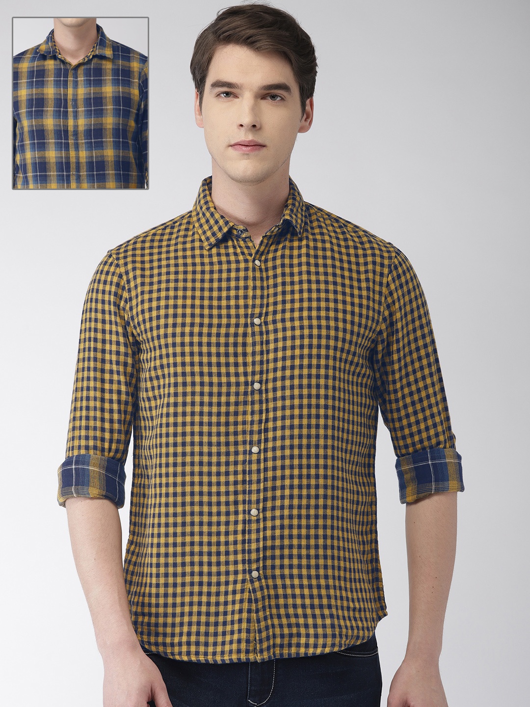 

Celio Men Mustard Yellow & Navy Blue Regular Fit Checked Reversible Casual Shirt
