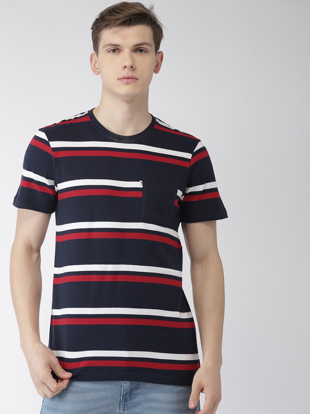 

Celio Men Navy Red Striped Round Neck Pure Cotton T-shirt, Navy blue