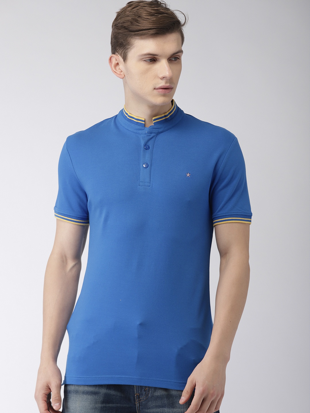 

Celio Men Blue Solid Stylish Mandarin Collar T-shirt