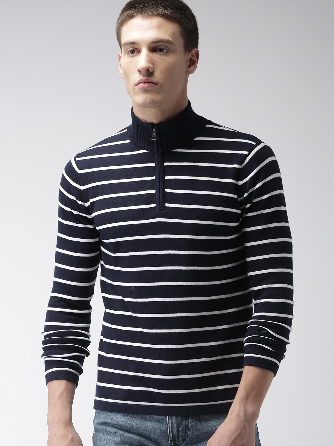 

Celio Men Blue & White Striped Pullover Sweater