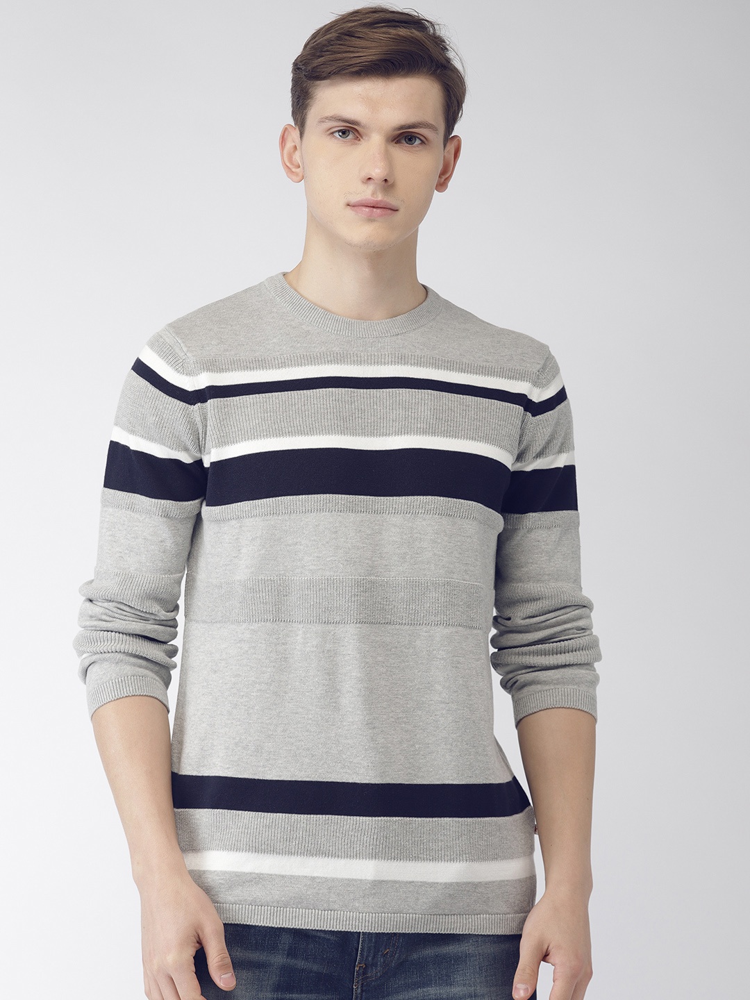 

Celio Men Grey & Navy Blue Striped Sweater